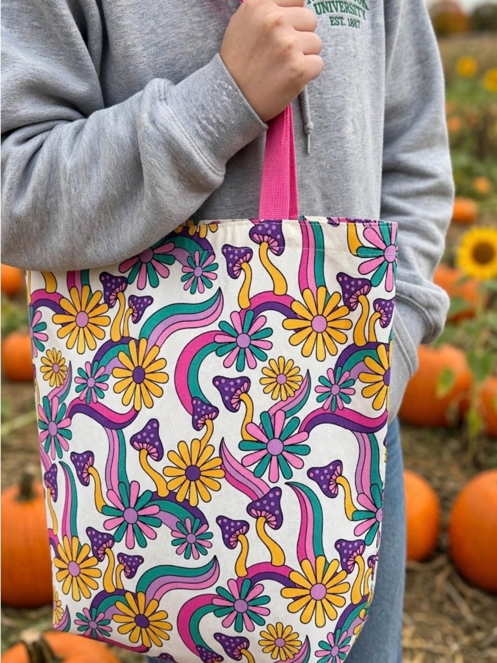 Women’s Floral & Mushroom Canvas Tote Bag - Pink Accent